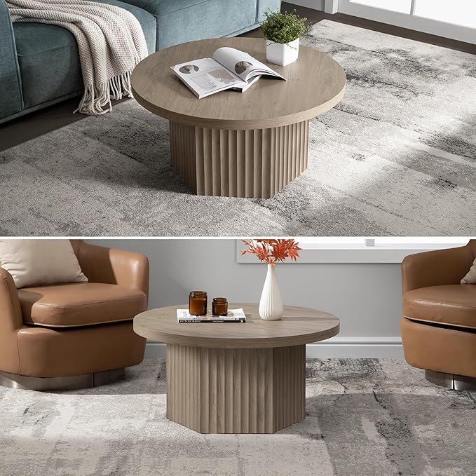 SICOTAS Round Coffee Table for Living Room, Modern Fluted Circle Center Coffee Table with Storage, 32" Accent Tea Dining Table for Apartment, Grey Alder