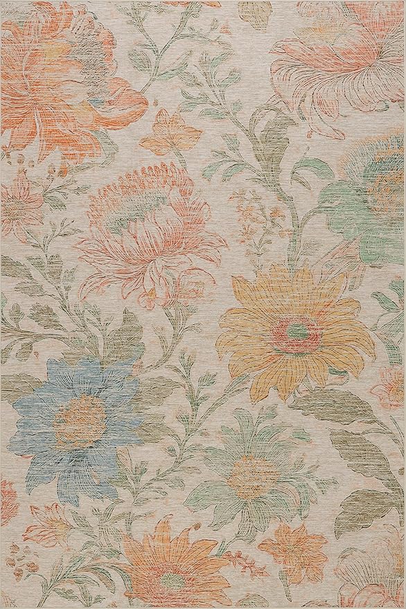 Dash & Albert Zell Multi Machine Washable Rug, 6 X 9 Feet, Multicolored/Tan Floral Pattern