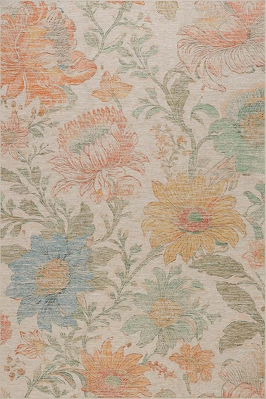 Dash & Albert Zell Multi Machine Washable Rug, 6 X 9 Feet, Multicolored/Tan Floral Pattern