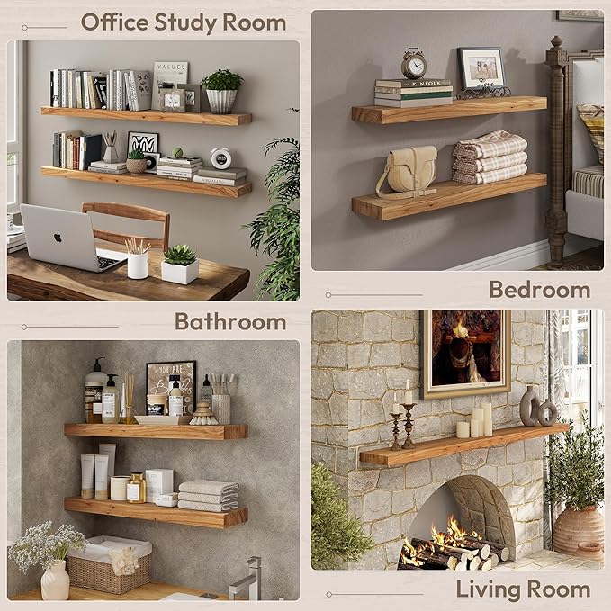 Marsmiles 72 inch Floating Shelves for Wall Solid Elm Wood Wall Mounted Shelves|Rustic Long Floating Shelves with Invisible Bracket for Bathroom Living Room Kitchen|Natural, 1 Pack