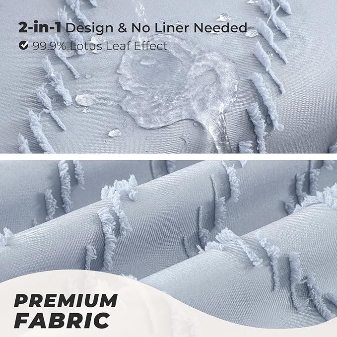 Light Blue Boho Fabric Shower Curtain Tufted Chevron Striped Textured Cloth Curtains for Bathroom, Fog Blue