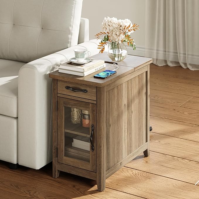 LINSY HOME Farmhouse End Table with Charging Station, Narrow Side Table for Living Room, Sofa Side Table with Drawer and Storage Cabinet, Small Nightstand for Home Office