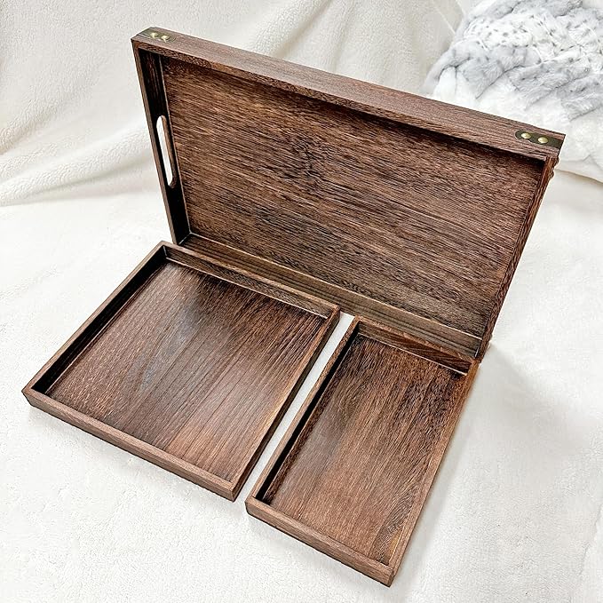 Rustic Wooden Serving Trays with Handle, Serving Platters, Charcuterie Board Set of 3 Nesting Food Trays for Serving Food, Home Decor/Breakfast/Coffee Table/Butler/Ottoman/Bed Tray