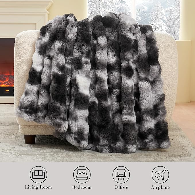 Amélie Home Faux Fur Throw Blanket for Couch, Ultra Soft Fuzzy Plush Bubble Throw for Sofa, Living Room & Home Decor, 50"x60", Tie-dye Black