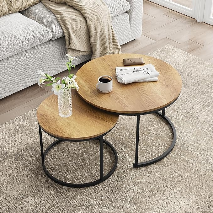 Smuxee Nesting Coffee Table Set of 2, 27.6" Round Coffee Table Wood Grain Top with Adjustable Non-Slip Feet, Industrial End Table Side Tables for Living Room Bedroom Balcony Yard