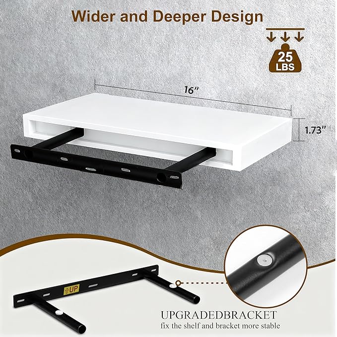 Floating Shelves for Wall(Set of 2)-16 Inch White Wood Wall Shelf with Invisible Brackets for Bathroom,Bedroom,Drawingroom,Kitchen for Decor