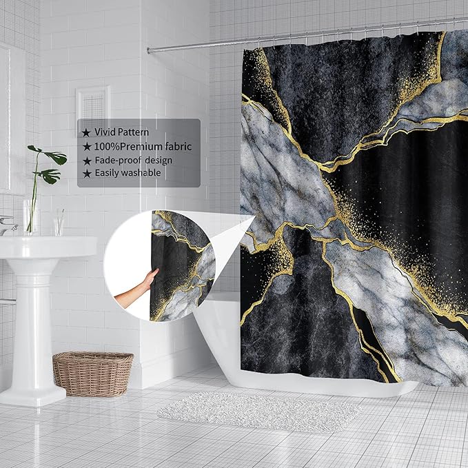 Domoku Black Gold Marble Shower Curtain, Black Golden Cracked Lines Abstract Modern Shower Curtain for Bathroom Decor, Waterproof Texture Washable Fabric, 36 X 72