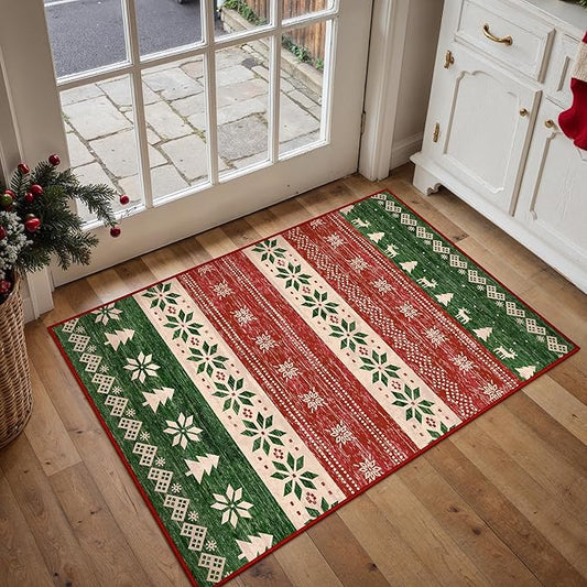 Christmas Red Area Rug 2x3 Washable Snowflake Carpet Non Slip Holiday Decorative Accent Doormat Xmas Boho for Entrance Bathroom Laundry Kitchen Dining Room