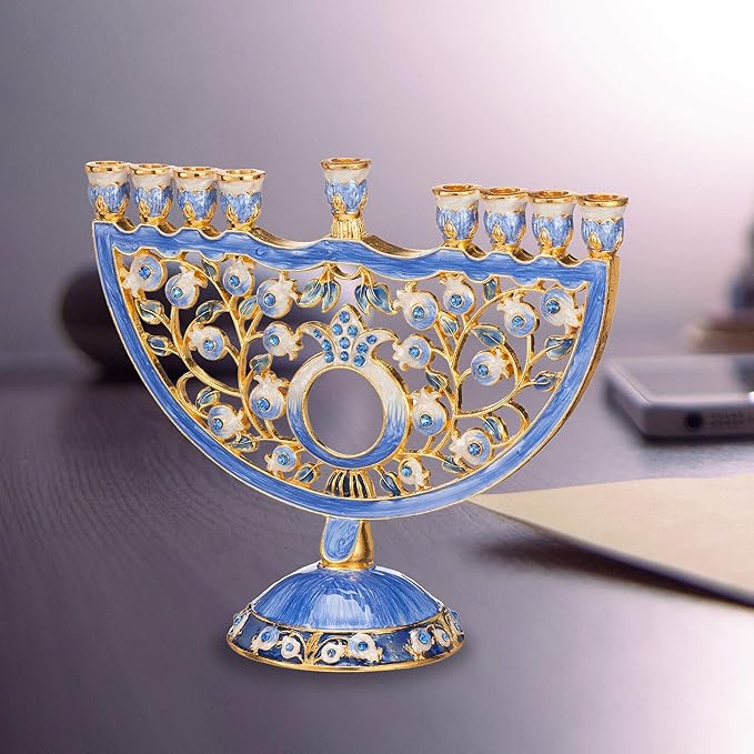 Matashi Hand Painted Blue Enamel Pomegranate Design Menorah Candelabra Embellished with Gold Accents and Crystals Jewish Candle Holder Hanukkah Gift Housewarming Showpiece for Living Room
