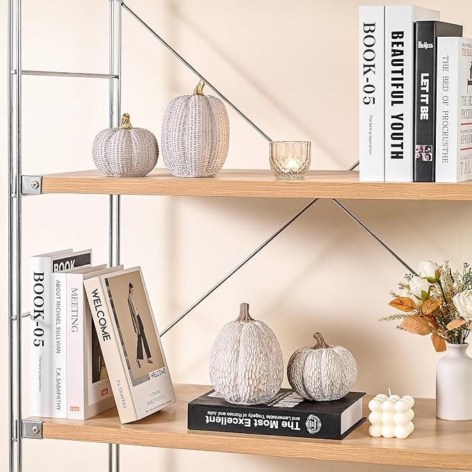 Artificial Pumpkin Decor, Brown and White Decorative Pumpkins, Thanksgiving Resin Pumpkins Figurine Set of 2, Carved Pumpkin Statues for Rustic Fall Tabletop Home Decor, Harvest, Wedding