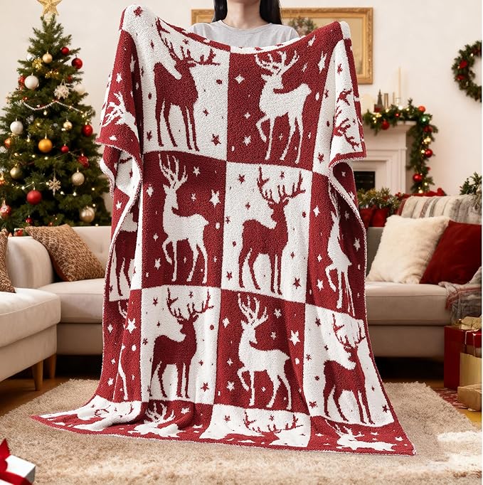WRENSONGE Checkered Throw Blanket, Red Deer Pattern, Soft Cozy Fluffy Warm Hand Made Throw Blankets for Couch, Sofa, Chair, Bed, Camping, Picnic, Travel Lightweight Bed Blanket - 50"*60"