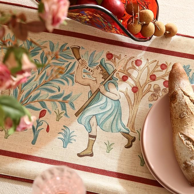 patdrea Designer Idyll Linen Extra Long Table Runner,Vintage Beige Farmhouse with Ancient Spring Figure and Animal Pattern Table Mat, Decoration for Kitchen Dining Banquet Christmas ,12"*102"
