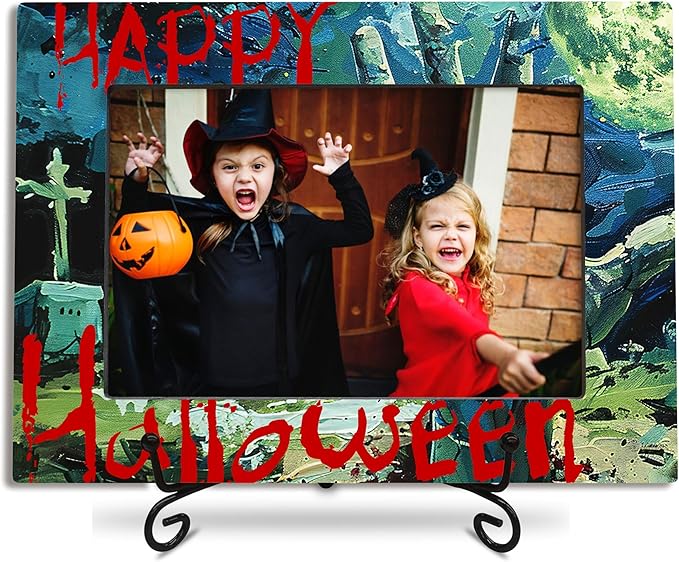 4X6 Halloween Picture Frame With A Metal Stand-Dark Style, Moon Night Scary Cemetery Wooden Photo Frame For Tabletop Display- Gifts for Kids Friends Family, Halloween Theme- A30