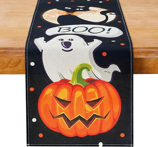 YATOJUZI Black Cat Table Runner - Halloween Table Runners Black Cat Ghost Pumpkin Decorations Decor for Home Kitchen Dining Table Halloween Party - 13x72 Inch