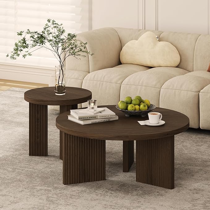 Nesting Coffee Table Set of 2, Modern Wooden Coffee Table with Smooth Thick Design, Circle Tea Table and End Table Set, Accent Center Tables for Living Room, Office, Brown