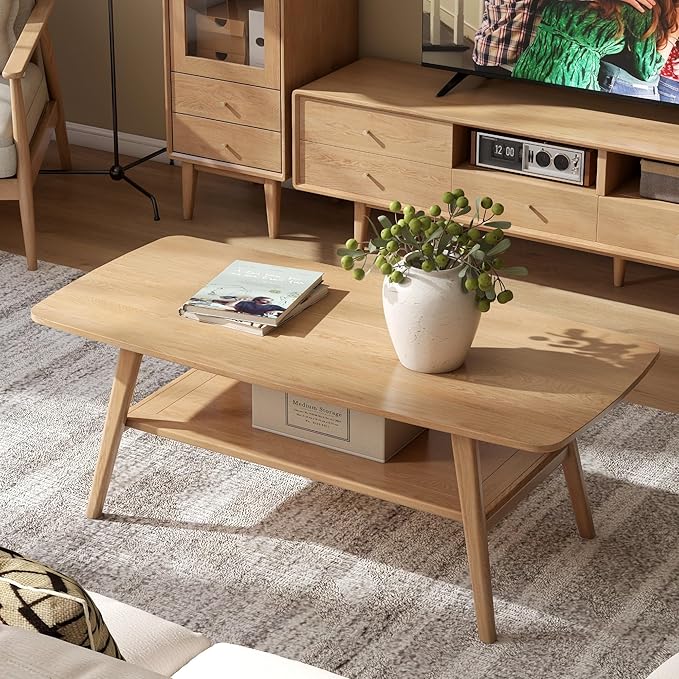 100% Solid Oak Wood Coffee Table for Living Room, 2-Tier Coffee Tables with Shelf Storage, Mid Century Modern Table with Rounded Corners (Natural Colour, 47.24" W x22.05 D x 17.32" H)