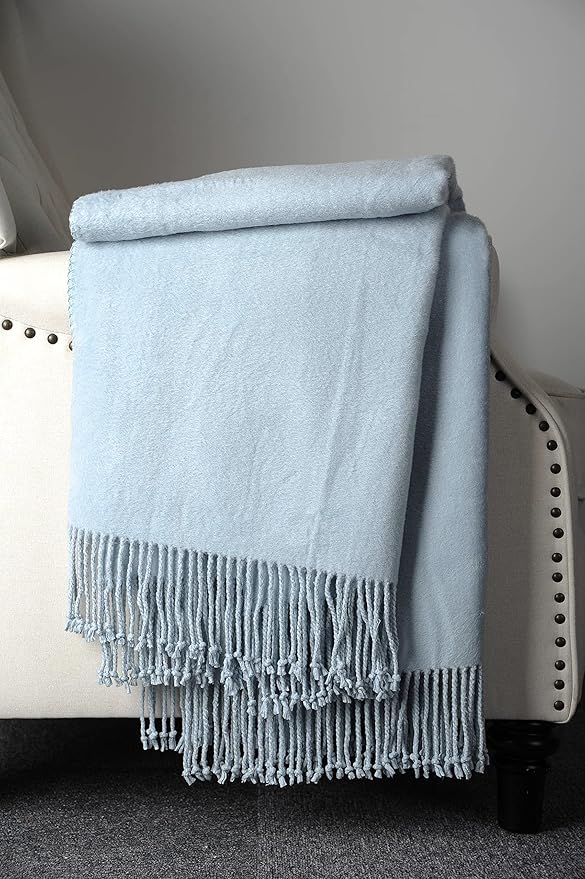 EP Mode Fringed Mulberry Silk Throw Blanket for Sofa (Baby Blue)