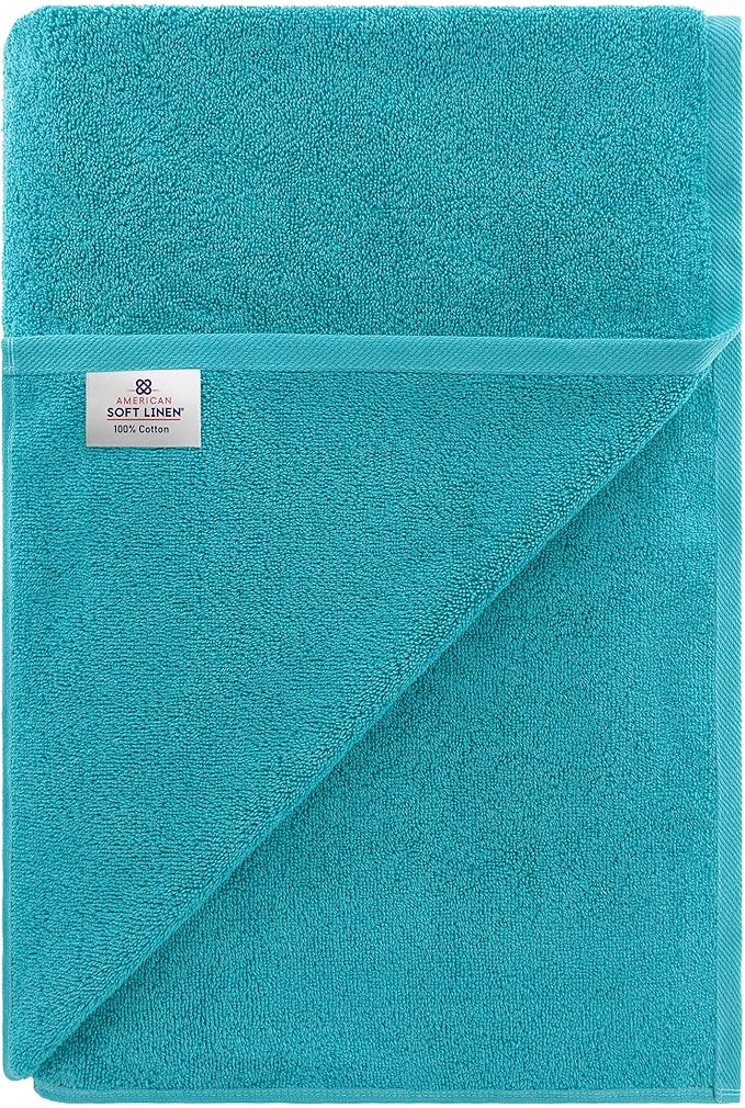 American Soft Linen Oversized Bath Sheet 40x80 Extra Large for Bathroom, 600 GSM 100% Cotton Turkish Jumbo Bathsheet Towels for Adults, Aqua Blue Bath Sheet