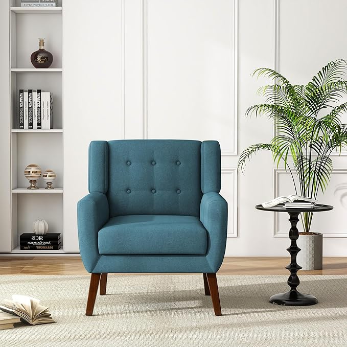 UIXE Accent Chair Modern Arm Chair, Mid Century Upholstered Club Armchair, Comfy Single Lounge Sofa Living Room Button Tufted Armrest Reading Seat Bedroom Side Seating, Turquoise Blue