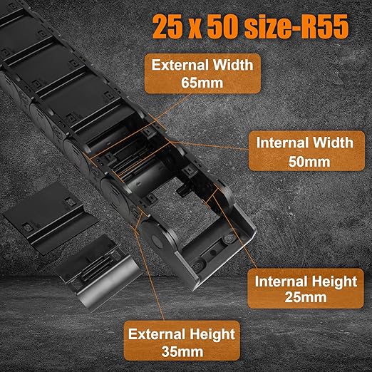 25 x 50mm (Inner H x W) R55 Enclosed Type Drag Chain Cable Wire Carrier Protection Chain 39.3inch/1M for 3D Printer and CNC Router Mill,Black Plastic Nylon