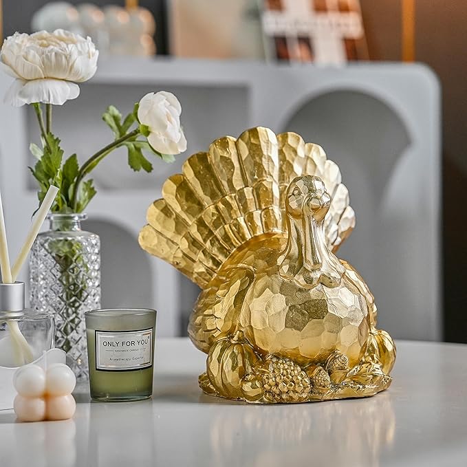 Thanksgiving Turkeys Decor, Gold Resin Turkey Figurine, Turkeys Statue for Decorating, Large Turkey Centerpiece for Table Kitchen Decoration, Harvest Home Decor