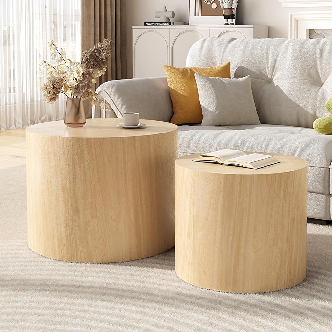 Nesting Coffee Table Set of 2, Round Yellow Nesting Table Modern Circle Coffee Tables Side End Tables for Small Spaces Living Room, Bedroom, Balcony, Office