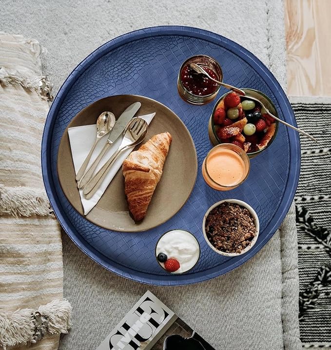 HofferRuffer Round Serving Tray 20'', Elegant Faux Leather Circle Ottoman Table Tray, Serve Tea Coffee Breakfast in Bedroom Living Room Kitchen (Blue, 20")