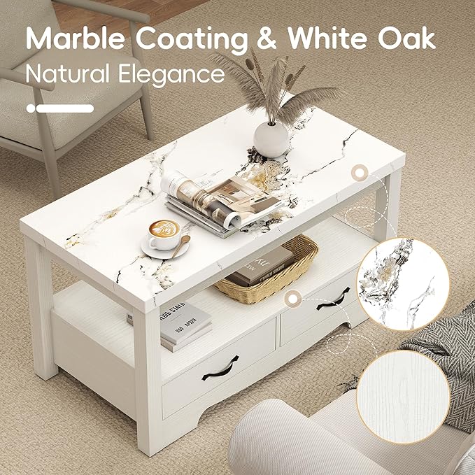 Coffee Table 40" Faux Marble 2-Tier Modern Wooden Rectangle Center Table with Drawers for Living Room, Conference Room, Thickened Top, Small Space Home Furniture (White Oak with Storage)