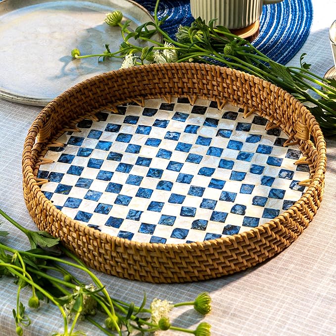 JUNGLE CULTURE Rattan Serving Tray 12" with Mother of Pearl Inlay • Coastal Boho Collection • Handcrafted Woven with Handles for Home • Round Dining Table Tray • Wicker Serving Basket – Drift