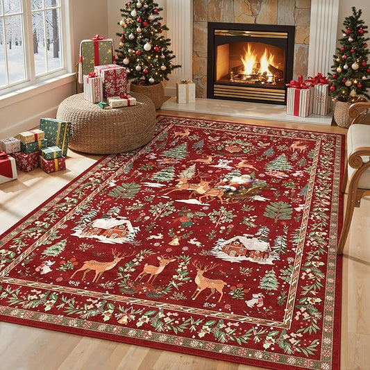 Lahome Christmas Area Rug, 5x7 Red Living Room Rugs, Christmas Tree Santa Claus Non Slip Soft Dining Room Rug, Washable Winter Indoor Carpet for Bedroom Entry Holiday Decor