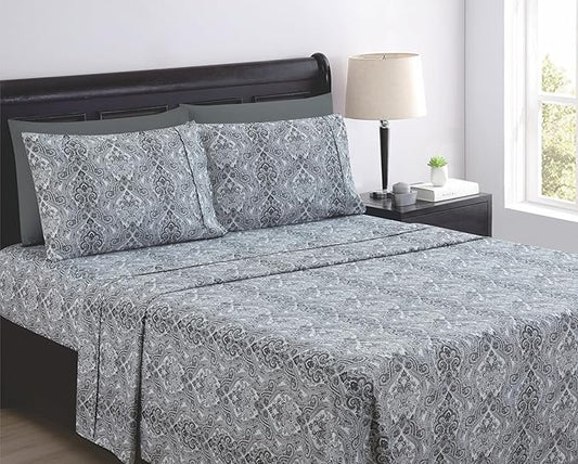 Full Size Bed Sheets Set Deep Pockets - 6PC Paisley Ultra Soft Microfiber Bed Sheets Set - Easy to Clean, 90 Thread Count Sheets with Fitted Sheet, Flat Sheet & Pillowcases (Dark Grey)
