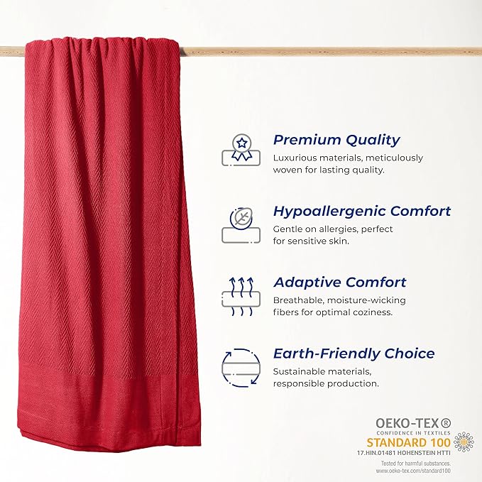 THREAD SPREAD Organic GOTS Certified Cotton Blanket, Twin/Twin XL - 350 GSM, Antistatic, Fuzzy Soft, Lightweight, Sofa, Camping & Travel, All-Season Herringbone Throw, Red + Stylish Bonus Tote Bag