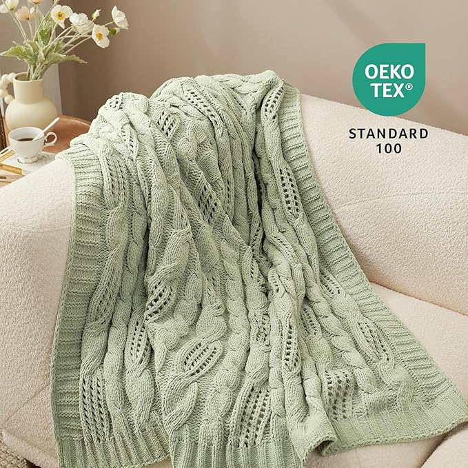 Amélie Home Chunky Knit Chenille Throw Blanket, Dual-Sided Soft Chenille Breathable Cable Knitted Blanket for Couch, Farmhouse Decorative Throw for Sofa & Chair, 60"x80", Sage Green