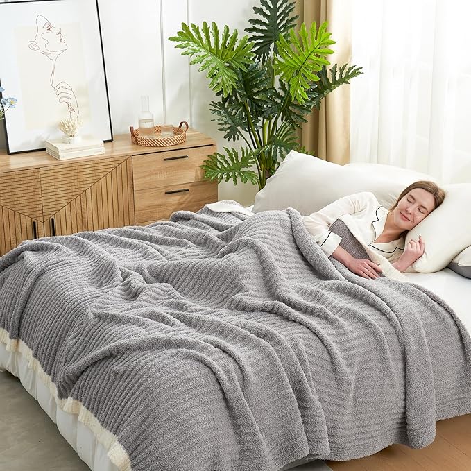 Snuggle Sac Ribbed King Size Blanket for Bed, Cozy Soft Fuzzy Microfiber Knit Stripe Bedding Blankets, Grey, 108x90 inches