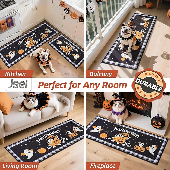 JSEI Halloween Holiday Kitchen Mats for Floor, Non-Slip Ghost and Pumpkins Decorative Kitchen Rugs Set of 2, Home Decor Low-Profile Kitchen Runner Rug Washable, 17"x30"+17"x48", Ghost and Pumpkins