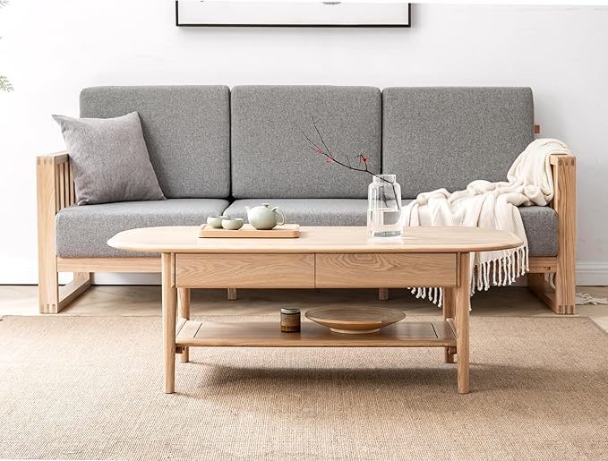 100% Solid Wood Coffee Table for Living Room, 2-Tier Coffee Table with 2 Drawers and Shelf Storage, Mid Century Modern Table for Home (Mandshurica Natural Wood, 47.24''W x 22.05" D x 16.54" H)