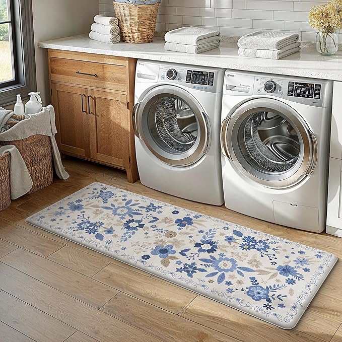 GENIMO Kitchen Mats for Floor 2PCS, Cushioned Kitchen Rugs Non Slip Washable, Farmhouse Anti Fatigue Mat Waterproof, Comfort Standing Mat Rug for Office, Home, Laundry, 17.3"x47"+17.3"x30", Beige&Blue