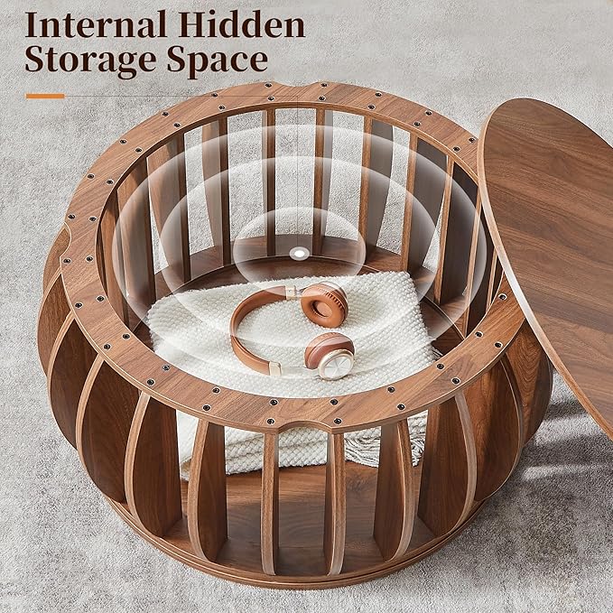 Drum Coffee Table with Storage,31.5” Wood Round Coffee Table,Farmhouse Pumpkin-Shaped Center Table for Living Room Home Office (Walnut)