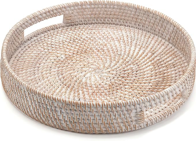 16.9" Round Rattan Tray, Hand Woven Serving Tray with Handles, Wicker Serving Basket, Decorative Tray for Home Decor, Whitewash