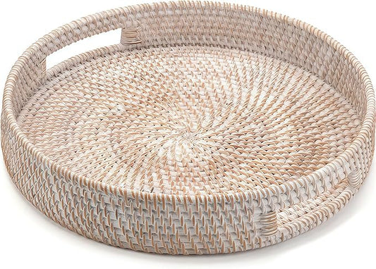 16.9" Round Rattan Tray, Hand Woven Serving Tray with Handles, Wicker Serving Basket, Decorative Tray for Home Decor, Whitewash