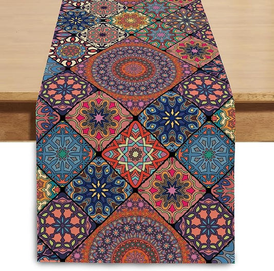 Boho Table Runner 72 Inches Long, Vintage Bohemian Seasonal Table Runners for Party Kitchen Dining Coffee Table Bedroom Dressers Indoor Outdoor, Machine Washable (Bohemian A, 13” x 72”)