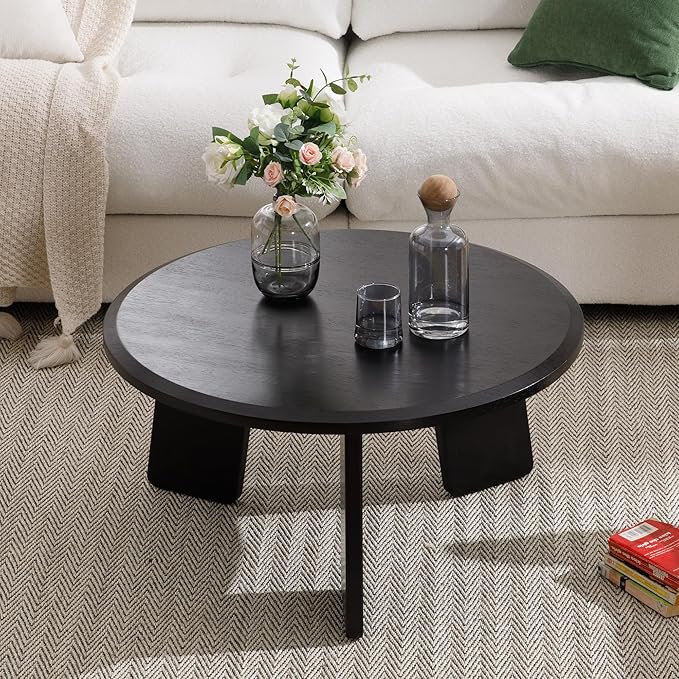 Mid Century Modern Coffee Table Wood Living Room Table Cute Round Coffee Table Center Table Side Table for Living Room Office Reception Room, Black