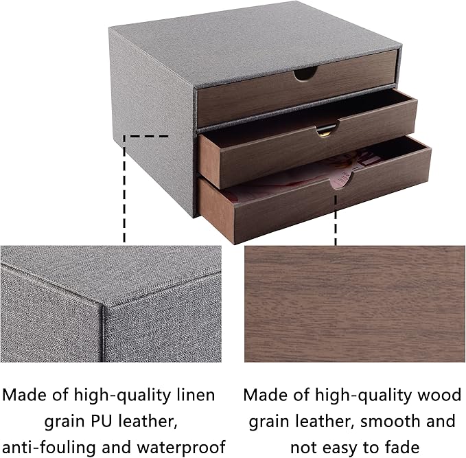 Cloth-effect Faux Leather Desk Organizer File Cabinet Executive Office Supplies Desktop Filing A4 Contract Document Stackable Storage Box with 3 Drawers (Grey)