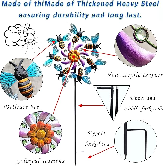 39" Bee Wind Spinners Metal Garden Stake-Outdoor Yard Windmill-Wind Sculpture Yard Art Decorations for Patio,Lawn & Garden