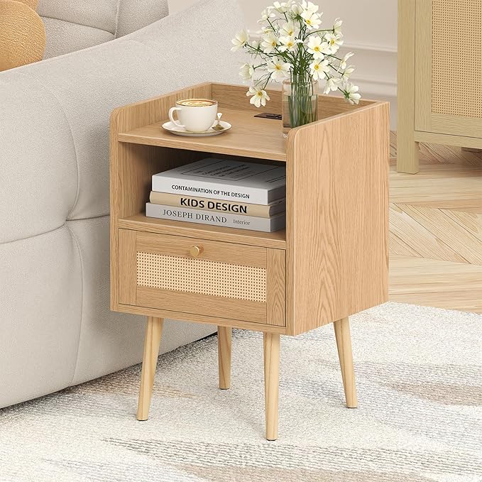 Nightstand Rattan with Charging Station, Mid Century Modern Bed Side Table, Boho End Table with Wood Legs, Bedside Tables for Bedroom Living Room (1, Natural, 11.8" D x 15.9" W x 23.4" H (1 Drawers))