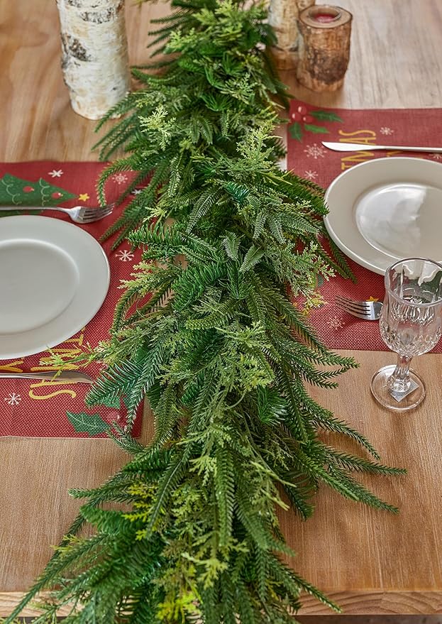 9ft Handmade Christmas Garland,Artificial Cypress Cedar Pine Needles Greenery Seasonal Garland for Christmas Fireplace Winter Holiday Indoor Outdoor Decoration