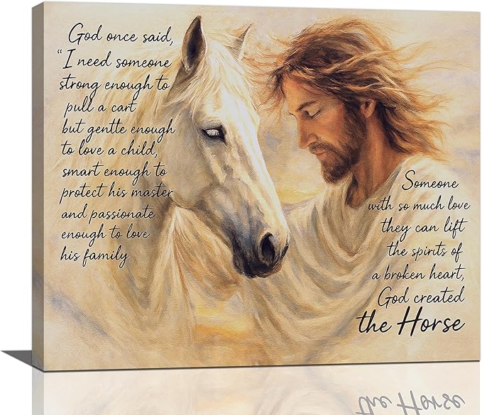 Horse Wall Art Christian Jesus Canvas Wall Decor Scripture Pictures Christ Paintings Prints Religious Bible verse Artwork Framed Decorations For Church Prayer Room Bathroom Bedroom Living Room Gifts 24" x 20"