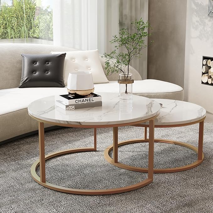 WiberWi Round Coffee Table Nesting Tables Set of 2, Large : Ø 34.0", Small : Ø 26.0", Modern Design Coffee Tables for Living Room, Gold Metal Frame Circle Cocktail Table, High Glossy Faux White Marble