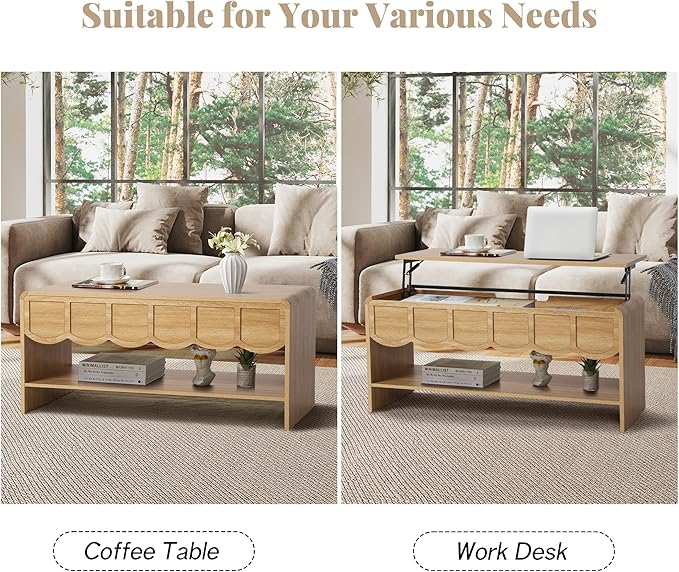 Lift Top Coffee Table with Hidden Compartment, 2 Tier Wooden Center Table with Wave Panel, Modern Lift Tabletop for Home Living Room Office, Natural