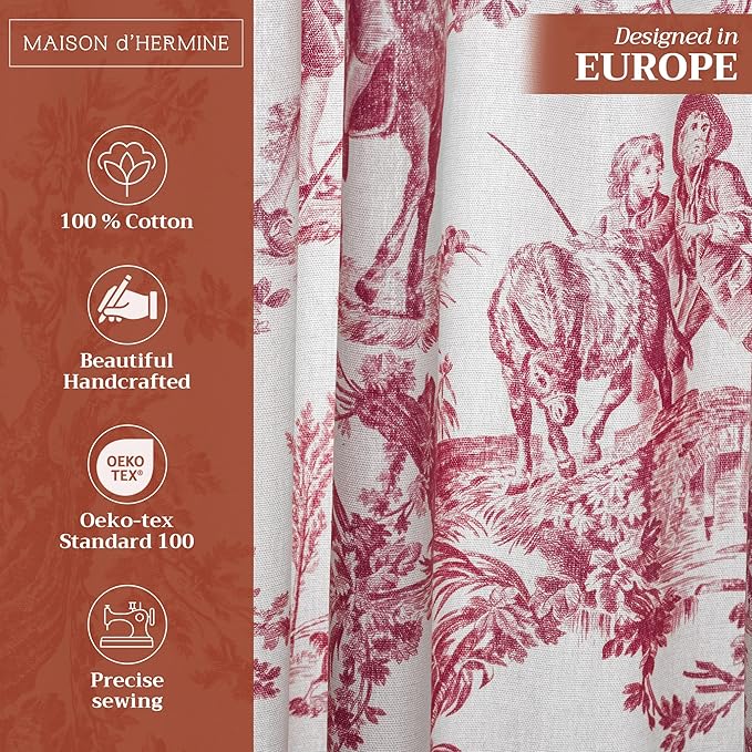 Maison d' Hermine Curtains for Living Room 100% Cotton 84 inch Length One Panel Light Filtering Toile Curtains for Bedroom with Rod and Loop Pockets (The Miller Red (White Background), 50" W x 84" L)